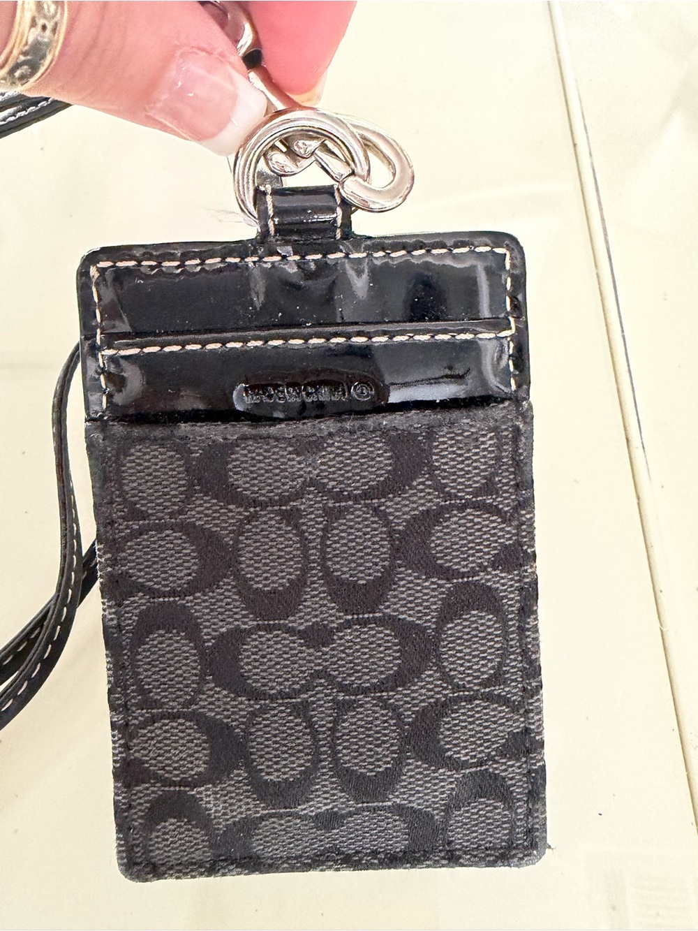 Coach Black Signature Card Holder with Lanyard and Patent Trim